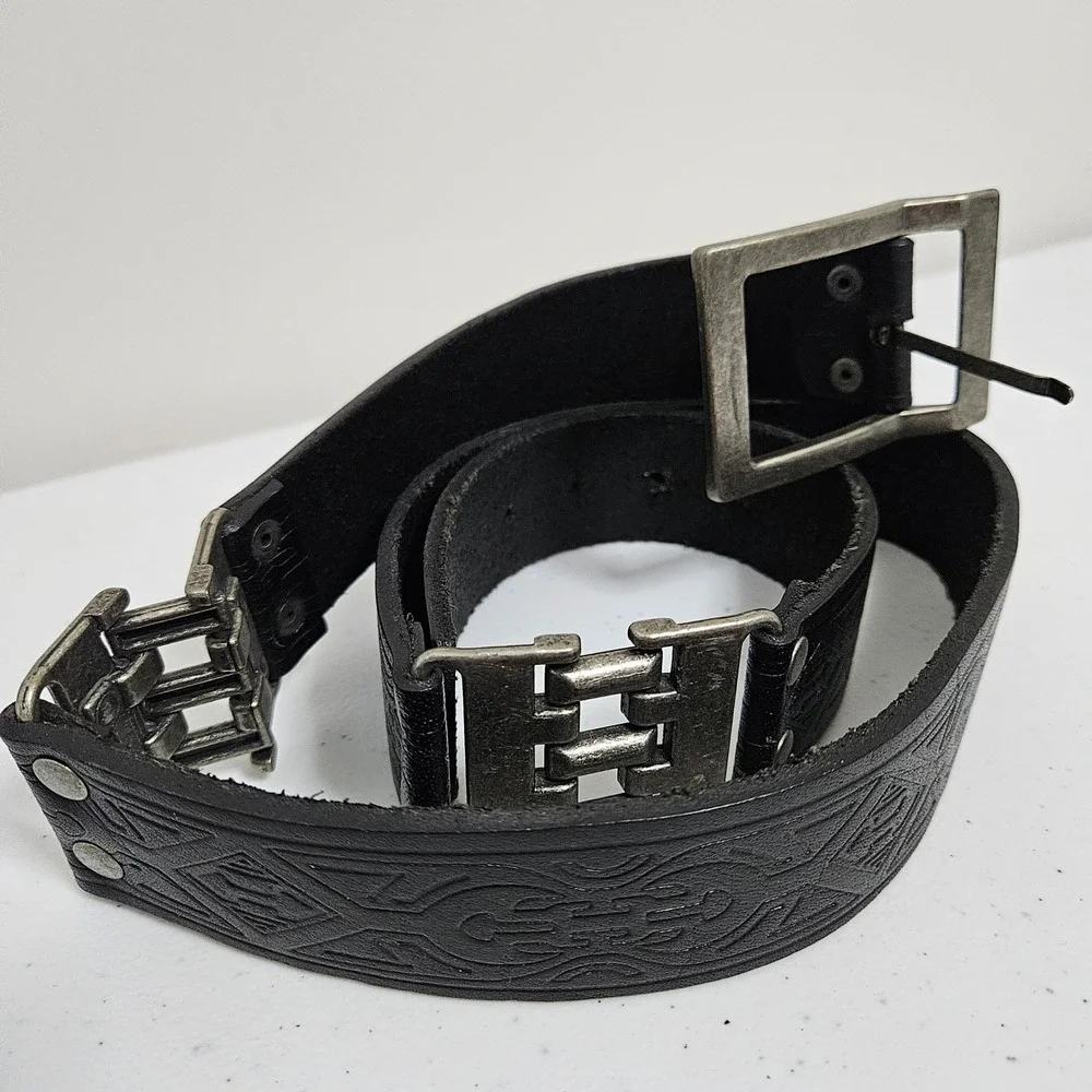 Steampunk Goth Celtic Industrial Belt 38 Black Embossed Leather Metal Link Hinge